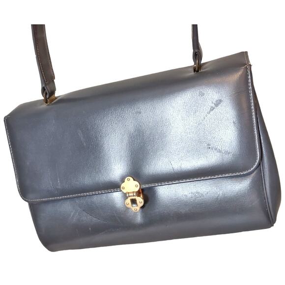 GLAMOUR Vintage Grey Leather Handbag Grandma Core Retro 60's 70's Top Handle - Picture 7 of 11